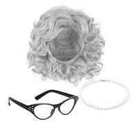 Cooraby 3 pezzi 100 giorni di scuola parrucca grigia nonna occhiali collana di perle artificiali Fancy Nonna Costume Set