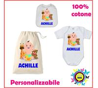 Coordinato cotone nascita sacca body bavaglino stampa corredino neonato 3 pezzi