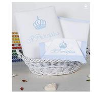 Coordinato culla carrozzino ricamato (Il Principino) copertina in piquet e lenzuola (celeste)