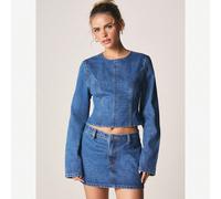 Coordinato in denim a due pezzi, top corto a maniche lunghe con dettaglio fiocco sulla schiena aperta, minigonna, lavaggio vintage, abbigliamento da strada autunnale L,M,S,XL,XSColore unicoDenim