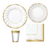 Coordinato tavola CLASSIC GOLD METAL - Bianco con rigo ORO Lucido - Kit MONOUSO 6 ospiti - con piatti portate tovaglioli e bicchieri - addobbo NATALIZIO natale, capodanno