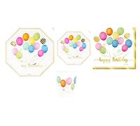 Coordinato tavola PALLONCINI scritta Happy Birthday oro piatti bicchieri tovagli