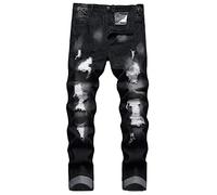 COOSVEN Jeans strappati da uomo, gamba dritta slim fit, pantaloni in denim con fori, Nero strappato con toppe bianche, 48
