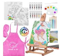 COOZEE Easel, set da 44 pezzi con cavalletto da tavolo, set di base per pittura acrilica con 12 colori acrilici, 12 pastelli, pennelli, pannelli di tela e blocco ad acquerello, per principianti e