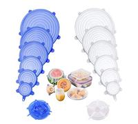 Coperchi elastici in silicone, coperchio di varie dimensioni per ciotola riutilizzabile, durevole ed espandibile per adattarsi a molte dimensioni e forme del contenitore. (Trasparente+blu-12PCS)