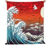 Coperta 180 X 200 Cm Ukiyo-E Onde Uccelli Che Volano Blu Rosso - Morbida E Flocca In Microfibra Ideale Per Letto Divano & Camper - Autonoma Versatile Per Tutte Le Stagioni