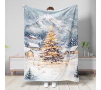 Coperta a tema vacanze invernali, design con montagne innevate e albero di Natale, accogliente coperta in morbido pile per divano, campeggio, viaggi, tutte le stagioni, 127 x 152 cm