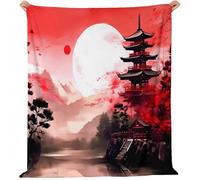 Coperta Architettura in stile giapponese Luna Rossa Pile Divano Morbida Coperte per Letto Singolo Matrimoniale Marrone rossastro Soffice e Calda Coperta Pile Invernale per Bambini Adulti 150 x 200 cm