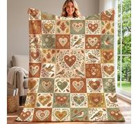 Coperta autunnale rustica con cuori e uccellini, 152,4 x 203,2 cm | Motivo patchwork a forma di cuore, coperta da divano, illustrazioni di uccelli canori, arte rustica, decorazione stagionale