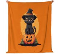 Coperta Cartone animato strega gatto zucca su sfondo Pile Divano Morbida Coperte per Letto Singolo Matrimoniale Arancione Nero Soffice e Calda Coperta Pile Invernale per Bambini Adulti 220 x 240 cm