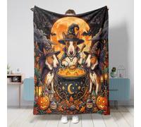 Coperta con cane Bull Terrier di Halloween, 101 x 127 cm, vintage, cucciolo di strega, calderone, completo king size, coperta pelosa per divano, soggiorno, spiaggia, viaggi, decorazione spaventosa per