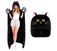 Coperta con cappuccio e maniche, in flanella, calda e soffice con motivo gatto nero, ideale per la casa, i viaggi, come regalo di compleanno e per gli amanti degli animali