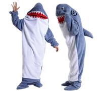 Coperta con Cappuccio e Maniche Shark XL (170-185cm), Sacco a Pelo Shark con Cappuccio, Tuta in Flanella con Piedi, Coperta in Flanella Shark, Regalo per Pigiama Party a Tema Cartoni Animati