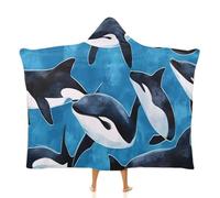 Coperta con cappuccio in pile con delfino acquerello, mantello indossabile mare oceano balena morbida coperta in peluche per adulti e bambini, comoda da indossare per campeggio, divano, serate di film