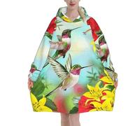 Coperta con cappuccio oversize con stampa di ibisco con fiori rossi e colibrì - Coperta indossabile in flanella unisex per adulti, donne e uomini, morbida e confortevole felpa con cappuccio, Nero