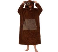 Coperta con cappuccio, oversize, da donna, con grande tasca sulla parte anteriore, in peluche, coperta indossabile, con maniche allungate, calda coperta per accoccolarsi sul divano, orso oro, Taglia