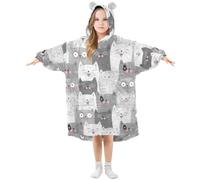Coperta con cappuccio oversize per bambini e bambine, in pile con simpatico gatto, indossabile, con tasca, felpa con cappuccio, per bambini e adolescenti, Multicolore, M