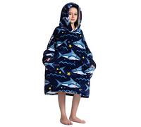 Coperta con cappuccio oversize per bambini, ragazze e ragazzi in pile Sherpa coccolarsi con cappuccio indossabile coperta felpa ragazzi, Aa-squalo, Taglia unica