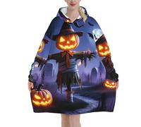 Coperta con cappuccio Snuggle, testa di zucca e cimitero nella notte di Halloween, morbida coperta oversize in flanella, ideale per casa, studio o campeggio