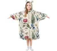 Coperta con cappuccio vintage con fiori di erbe aromatiche per bambini, in morbida flanella, vestaglia con orecchie e tasche, calda biancheria da notte per bambine, Fiori d'erba Vintage, M