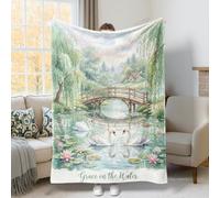 Coperta con cigno, coperta in pile verde primaverile con ponti romantici e alberi, morbida e accogliente, decorativa, per divano, letto, soggiorno, ufficio, 152 x 203 cm
