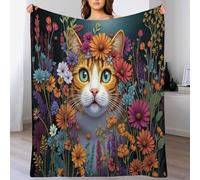 Coperta Con Gatto Arancione In Una Composizione Floreale 220x240cm, Coperta Di Flanella Animale Retrò Come Copridivano, Copriletto O Copertas Da Salotto, Arancia