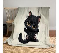 Coperta Con Gatto Nero Che Si Dondola Su Un'Altalena 220x240cm, Coperta Di Flanella Simpatico Animale Dei Cartoni Animati Come Copridivano, Copriletto O Copertas Da Salotto, Nero