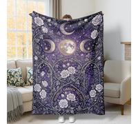 Coperta con luna, mistica bohemien, rosa, stelle, autunno, viola, coperta in pile morbida e accogliente, decorativa, per divano, letto, poltrona reclinabile, 101 x 127 cm