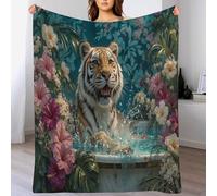 Coperta Con Tigre In Una Vasca Da Bagno Tra I Fiori 180x220cm, Coperta Di Flanella Animali Interessanti Come Copridivano, Copriletto O Copertas Da Salotto, Verde