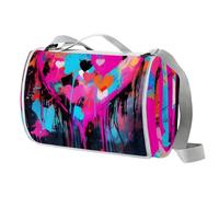 Coperta da picnic a forma di cuore con graffiti, 150 x 145 cm, grande coperta da spiaggia, coperta da campeggio con manico, fondo impermeabile, coperta pieghevole per escursioni, morbida e portatile