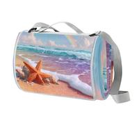 Coperta da picnic arcobaleno con stella marina, tappetino da picnic extra large con maniglia per il trasporto, pieghevole e portatile, 150 cm x 145 cm, coperta da campeggio per campeggio, parco