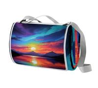 Coperta da picnic colorata Sunrise, 150 x 145 cm, grande, coperta da spiaggia, coperta da campeggio con manico, fondo impermeabile, lavabile in lavatrice, coperta pieghevole per escursioni all'aperto