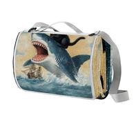 Coperta da picnic con gatto nero squalo, 150 x 145 cm, grande coperta da spiaggia, coperta da campeggio con manico, fondo impermeabile, lavabile in lavatrice, coperta pieghevole per escursioni