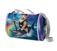 Coperta da picnic con gatto pirata e squalo, tappetino da picnic extra large con maniglia per il trasporto, pieghevole e portatile, 150 cm x 145 cm, coperta da campeggio per campeggio, parco, giardino