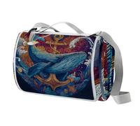 Coperta da picnic con motivo balena, barca, ancora, con maniglia per il trasporto, impermeabile, per spiaggia, giardino, all'aperto, lavabile, coperta da picnic, campeggio, 150 cm x 145 cm