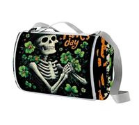 Coperta da picnic con scheletro per il giorno di San Patrizio, impermeabile, 150 x 145 cm, grande, coperta da spiaggia, da campeggio, a prova di sabbia, lavabile in lavatrice, con maniglia per il