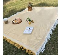 Coperta da picnic in tessuto a nido d'ape bianca con nappe, stile bohémien, ideale per campeggio all'aperto o appuntamenti al parco. La trama a nido d'ape la rende facile da trasportare e piegare. 1 p