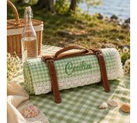 Coperta Da Picnic Vichy Con Nome Personalizzato E Bordo Pizzo Bianco | Telo Ricamato In Tessuto Morbido A Strato Singolo Coperta Portatile Per Campeggio Spiaggia E Prato