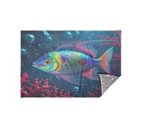 Coperta da viaggio leggera in morbida flanella colorata con pesci sott'acqua che si illuminano al buio con stelle, 165 x 130 cm