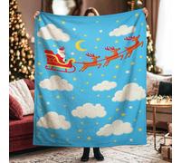 Coperta di Babbo Natale, coperta natalizia in peluche blu con renna, leggera e compatta, per divano, letto, auto, sedia, ufficio, scrivania, 127 x 152 cm