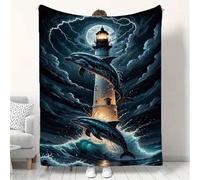 Coperta in flanella di poliestere con stampa 3D di delfini e faro, leggera e calda, per divano, letto, viaggi, campeggio, sedia da ufficio (coperte, 3,150 x 150 cm)