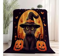 Coperta in Flanella Morbida con Cappello Da Strega Zucca Gatto Nero, Plaid Caldo e Soffice per Letto o Divano - Coperta Halloween Ipoallergenica Spessa e Accogliente per Adulti e Bambini, 220x240 cm