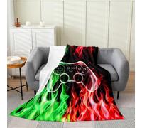 Coperta in flanella per videogiochi, coperta in pile rosso verde fuoco, per bambini, ragazze, ragazzi adulti, con fiamme brucianti, moderna, nera, coperta sherpa per sedia, divano, letto, 152 x 203 cm