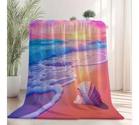 Coperta in flanella soffice e leggera 150×200 cm, Stampata Natura Tramonto Onde dell'oceano Conchiglie, plaid decorativo per casa, divano e letto, Viola coperta calda per tutte le stagioni