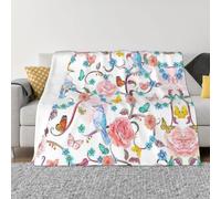Coperta in flanella ultra morbida in microfibra di lusso, per tutte le stagioni, calda, romantica, fantasia floreale, uccelli e farfalle, per biancheria da letto, divano e viaggio