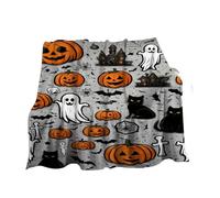 Coperta in maglia a tema Halloween Horror lavabile in lavatrice reversibile con zucca, fantasma e gatto nero, per familiari e amici, grigio con elementi arancioni, neri e bianchi