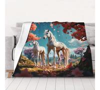 Coperta in morbida flanella bianca con stallone sotto l'albero di pesco in fiore, perfetta per letto, divano e viaggi, adatta per tutte le stagioni, 4 misure