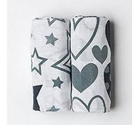 Coperta in mussola grigia con stelle e cuori, extra large, 120 cm x 120 cm, 100% cotone