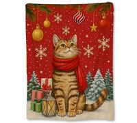 Coperta in Peluche Christmas Cat Cute Tabby Cats in Red Scarf Holiday Kitten Copriletto Durevole Coperte Traspiranti Blanket per Divano Camera da Letto Ufficio M