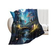 Coperta in Peluche Galaxy Mushroom Fairy Tale Night Full Moon Mushroom Butterfly Copriletto Confortevole Blanket Morbido Coperta di Flanella per Divano Camera da Letto Tutte Le Stagioni M